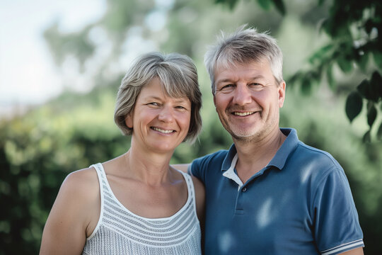 Smiling older couple enjoying sunny day outdoors in garden, outdoor lifestyle concept