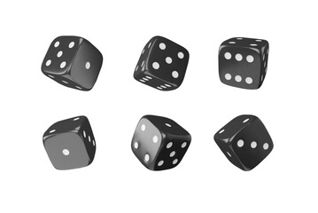 Game dice view from different angles realistic 3d vector icons set, black cube with white dots, gambling games casino