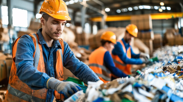 A man in a yellow helmet and safety vest is sorting through a pile of plastic bottles. Concept of hard work and dedication to recycling and protecting the environment