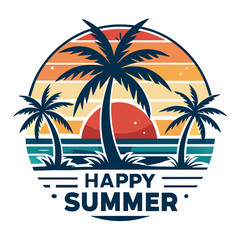 A tropical sunset with palm trees is vividly depicted against a round backdrop, evoking the warmth and enjoyment of the summer season. Below the scenic design, the words HAPPY SUMMER