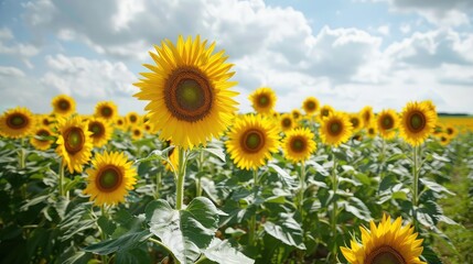 Obraz premium Sunflowers in full bloom stretching to the horizon under a sunny sky with fluffy clouds.