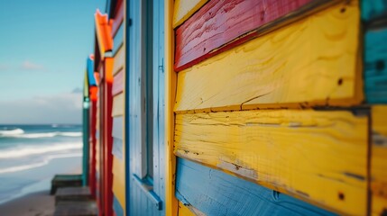 Closeup view of colorful beach huts on the beach