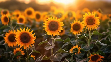Fototapeta premium A field of sunflowers glowing under the sunset, their faces turned toward the remaining rays, basking in a peaceful, warm light.
