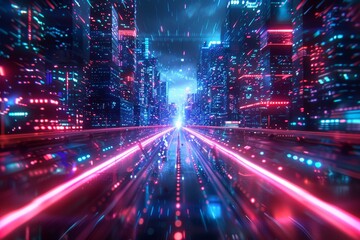 Fototapeta premium Neon Speed Trail in Futuristic Cityscape Generative AI