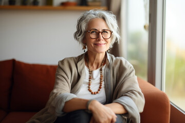 Obraz premium Smiling older middle aged woman sitting on sofa at home, single mature senior in living room