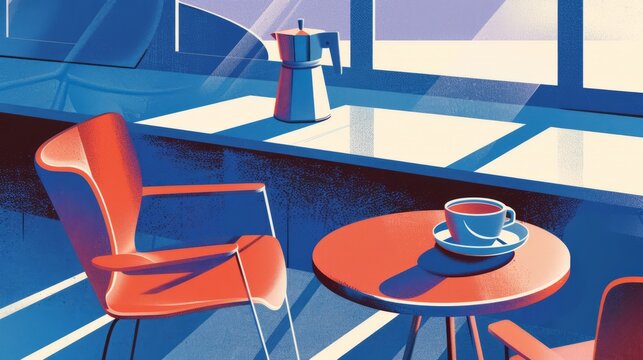 Illustration of a coffee mug on the table and a geyser coffee maker. A table and a chair in a cafe or coffee shop - Powered by Adobe