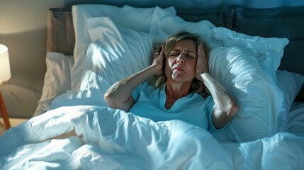 Menopause, night sweat. Woman suffering from hot flash in bed.