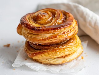 French kouignamann with a caramel layer is set on an inviting, plain white surface and is golden.