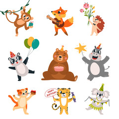 Naklejka premium Birthday party animals. Festive monkey bear hippo and fox. Funny koala with garland, panda and hedgehog. Cat hold cake slice, classy vector clipart