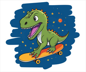Vector design for children's t-shirt. 
Green cute dinosaur in space on skateboard
with star and moon. Pattern for textiles, 
fabric, clothing for boy in cartoon style.