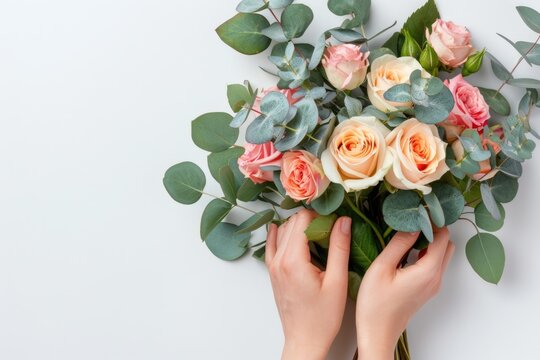Girl holding bouquet of roses  eringium  eucalyptus on white.