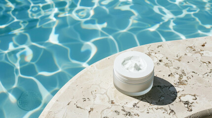 Beauty cream for the skin by the pool on a beautiful sunny day. Beauty product