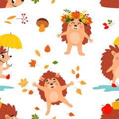 Hedgehog autumn seamless pattern. Cartoon hedgehogs walking with umbrella, funny in fall leaves. Animal fabric or wrapping print, classy vector design