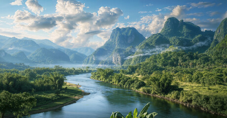 Beautiful landscape with mountains and river in Thailand in summer