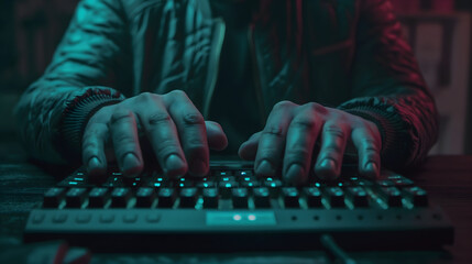 Hands of a hacker typing on the keyboard of a computer in dark room