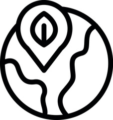 Simple bold black and white icon of a location pin with a leaf inside pointing at a planet earth