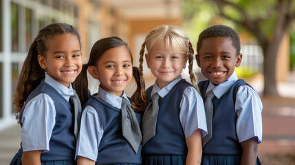Four happy elementary school students smiling together outside their school building. Radiating positivity and joy as they stand in their school uniforms