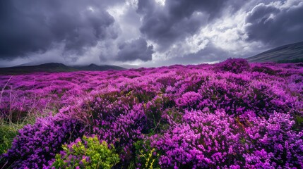 Fototapeta premium Heather-covered highland moor in bloom, with purple flowers stretching far under a dramatic cloudy sky.