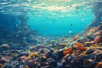 Fototapeta premium A large number of fish are swimming in a murky, dirty ocean. The water is filled with debris and trash, making it difficult to see the fish clearly