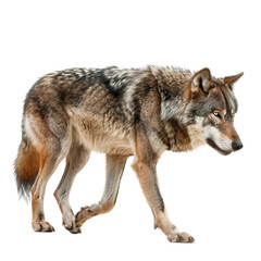 Walking steppe wolf in front of background, PNG