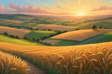 Green yellow wheat fields and rolling hills evening sunset. Sky clouds pastel painting landscape.