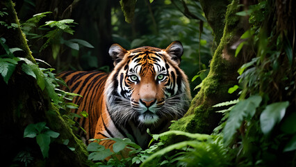 Fototapeta premium tiger hiding in the leaves of a tree Ai Generated Images 