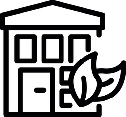 Simple icon depicting a building with leaves, representing eco friendly construction and sustainable practices