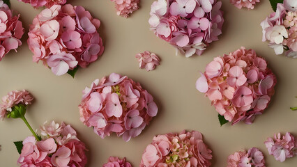 Obraz premium Delicate pink hydrangea blooms neatly organized in a random pattern on a soft beige pastel backdrop