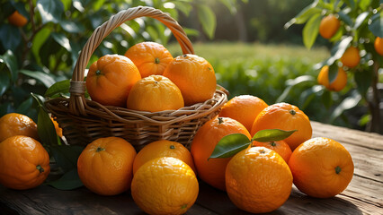 Ripe and vibrant oranges packed in a wicker basket amid a sunny citrus orchard with natural lighting