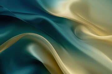 Fototapeta premium Teal and gold silk fabric is flowing in gentle waves, creating a luxurious and elegant abstract background with soft folds and smooth curves