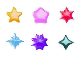 Set of stars various colors and shapes realistic 3d vector, glossy volume badge, rating star icon, ui game achievement