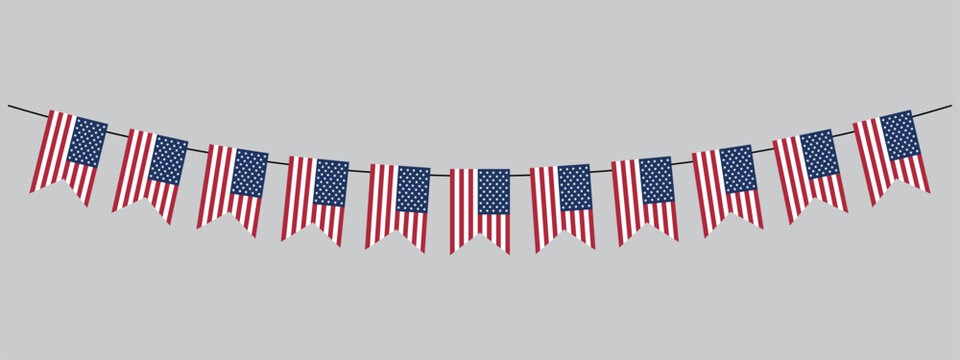 USA festive bunting flags in US traditional colors, 4th of July, american holidays vector banner