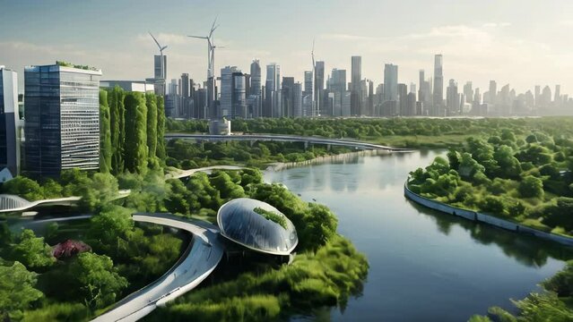 a modern city skyline adorned with green energy solutions, including solar panels and wind turbines, set amidst lush greenery