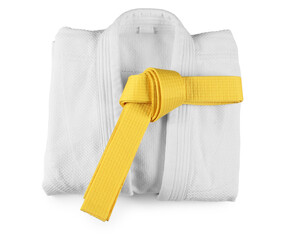 Martial arts uniform with yellow belt isolated on white, top view