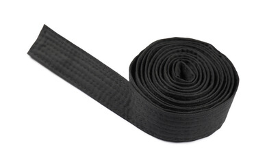 Black karate belt isolated on white. Martial arts uniform