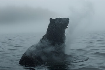 Obraz premium Brown bear swimming foggy weather