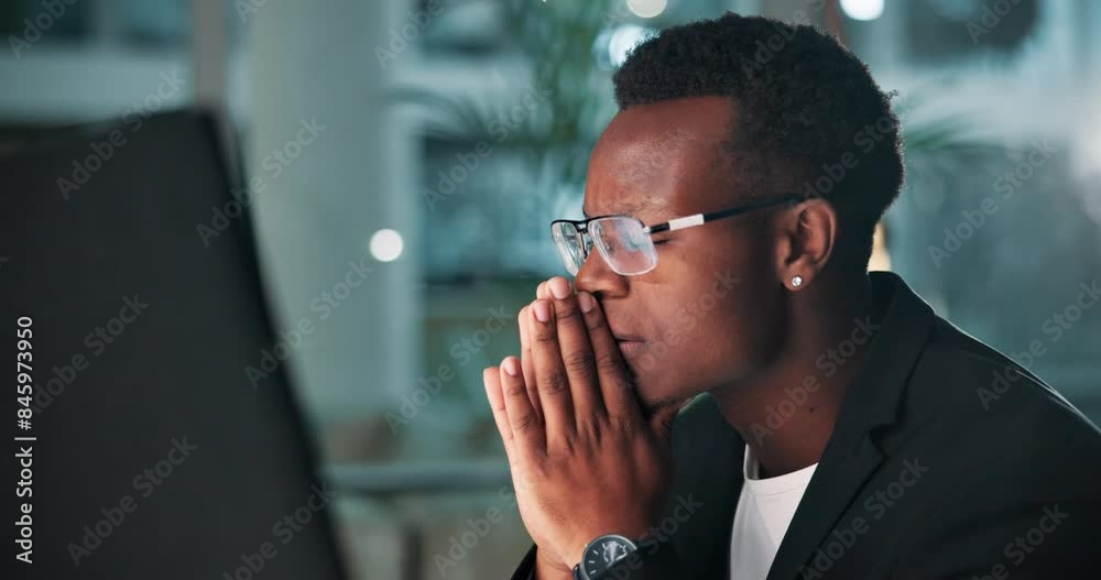 Poster black man, stress and laptop in office, night or thinking with solution for glitch, 404 or error. pe