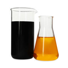 Beaker and flask with different types of oil isolated on white