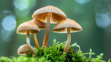 Fototapeta premium A group of delicate mushrooms emerge from a lush bed of moss, with their slender stems and translucent caps illuminated by soft, natural light.