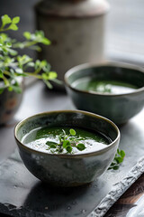Elegant presentation of a vibrant green soup adorned with delicate green leaves, in a handcrafted bowl on a dark slate.