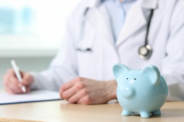 Doctor writing notes at wooden table, focus on piggy bank