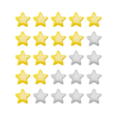 3d Vector rating interface with a row of yellow stars on a white background