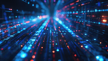 Obraz premium Digital data tunnel, abstract fast lines of information for background, illustration of tech lights pattern. Concept of secure network, speed, art, technology, cyber