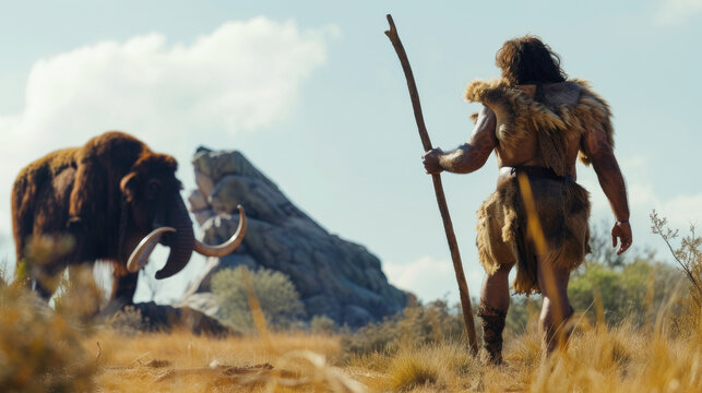 Neanderthal man watches woolly mammoth, strong primitive bearded human hunts animal, caveman of prehistoric era outdoor. Concept of Homo Sapiens, ancient people, Stone Age