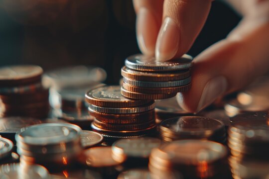 Female hand stacking coins  counting on table. Saving  economy  investment  wealth.