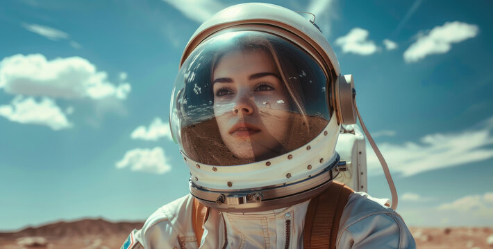 Portrait of female astronaut in spacesuit on alien planet like in sci-fi movie, adult girl in futuristic helmet outside spaceship. Concept of space, young woman, people, future