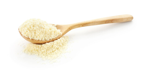 Spoon with fresh almond flour isolated on white