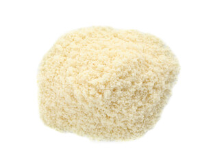 Pile of fresh almond flour isolated on white, above view