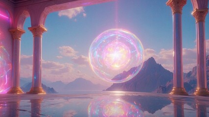 Fantasy scene with sphere of light, ant temple surrounded by mountains, water and columns