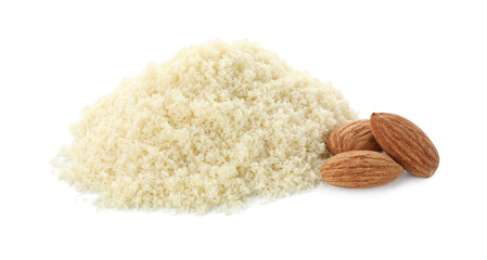 Pile of fresh almond flour and nuts isolated on white